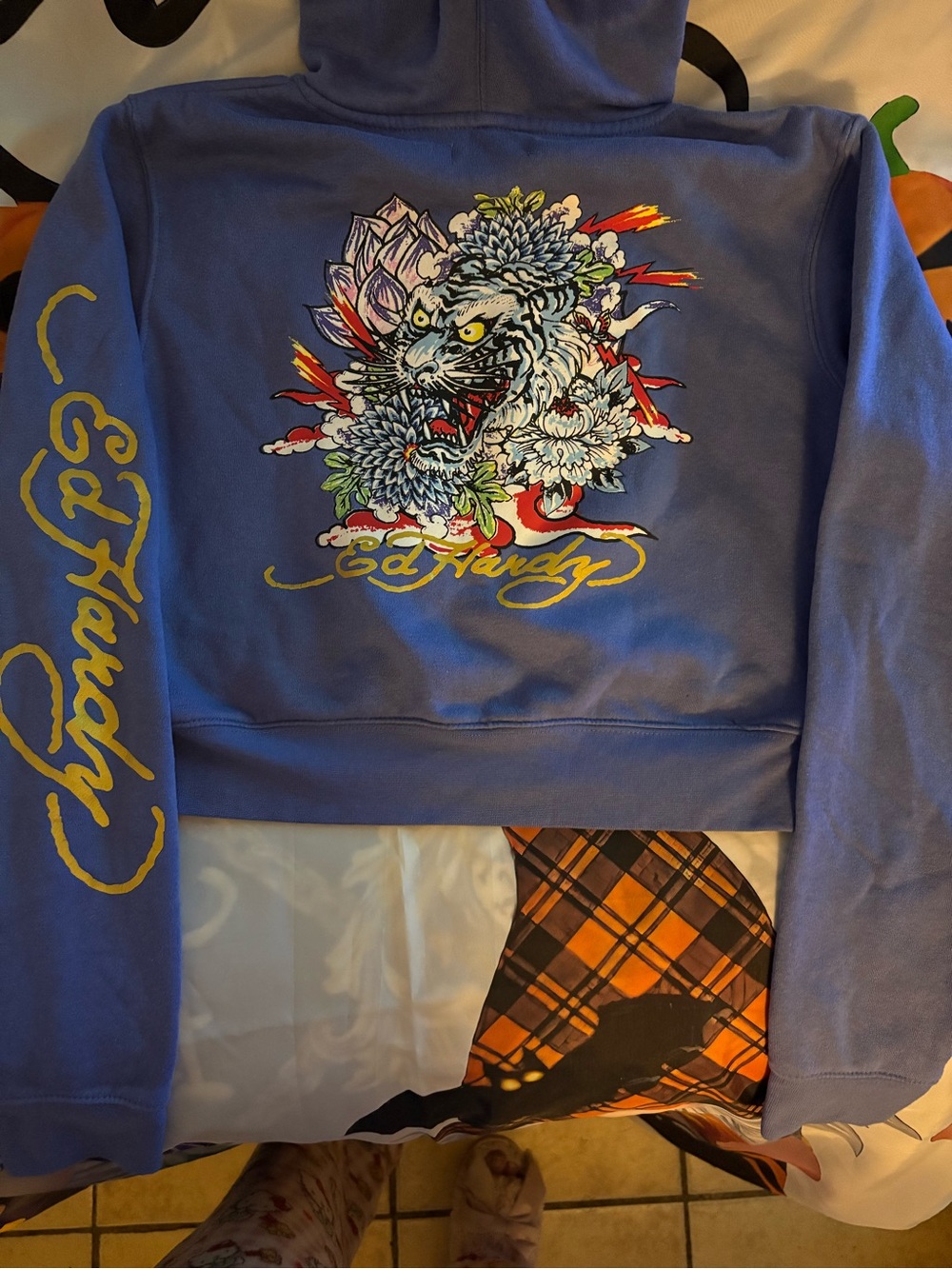 Ed Hardy Purple Graphic Tiger Hoodie Crop Top